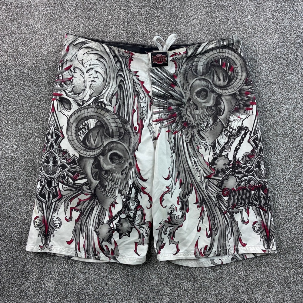 Vintage Y2K MMA Elite Board Shorts Mens L White Skulls Graphic Demon MMA Elite